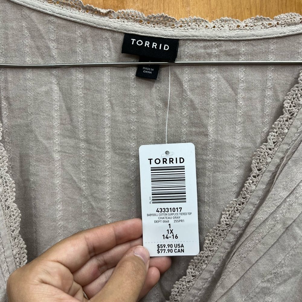 Torrid Beige lace tiered faux Wrap Blouse - Picture 3 of 8